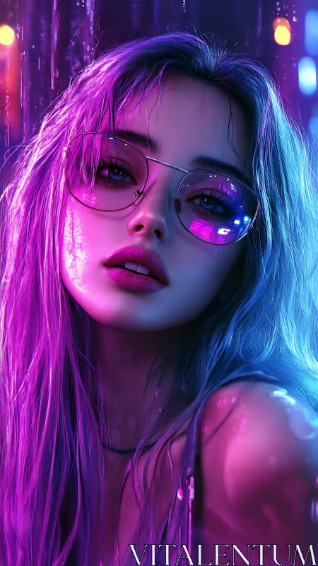 Neon lit female portrait with reflective glasses at night.
