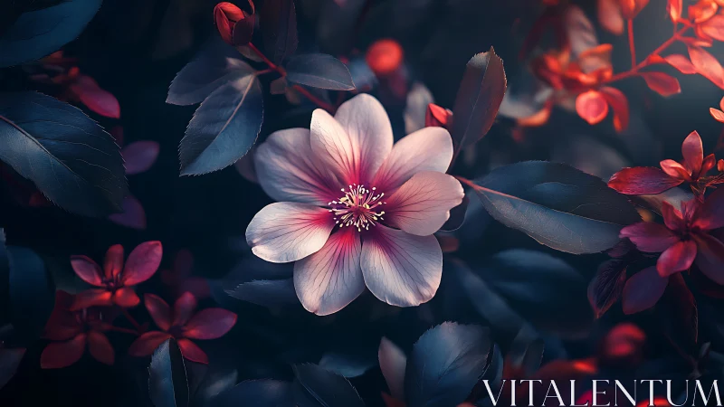 White and Pink Flower with Deep Blue Garden Background.