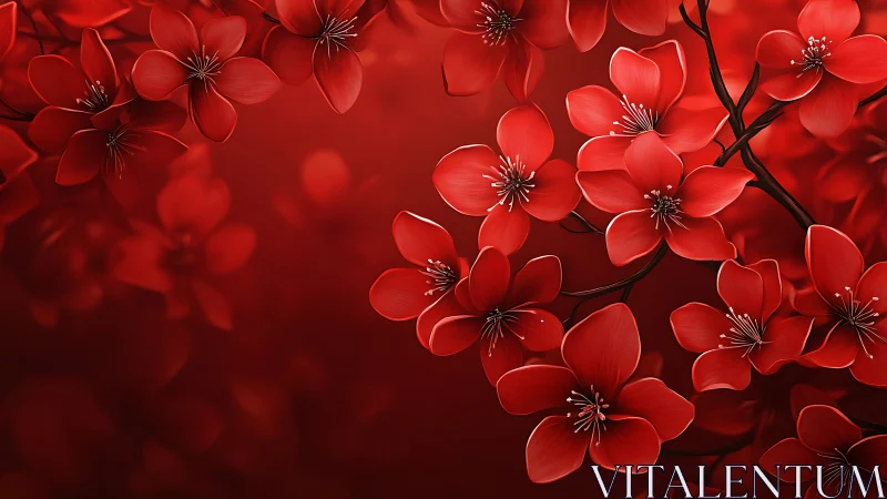 Digital illustration depicting layered red cherry blossoms with depth-of-field blur effects