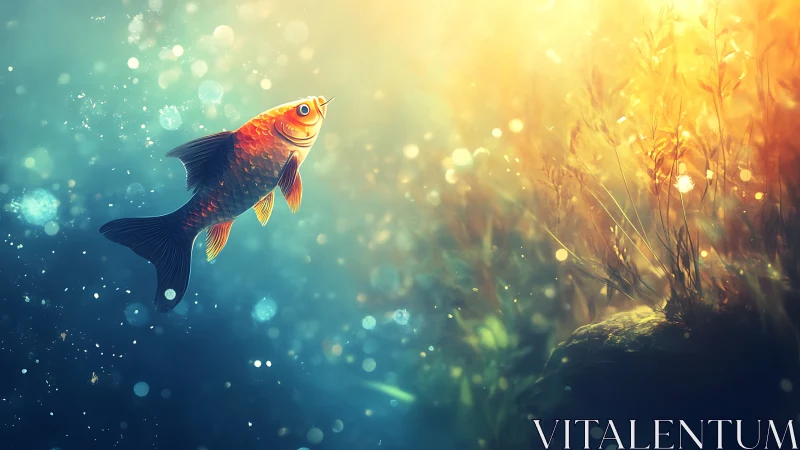 Digital painting of goldfish in luminous aquatic bokeh field.