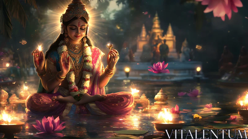 Divine four-armed goddess meditating on lotus-lit ceremonial water