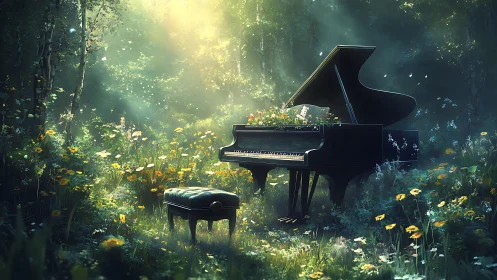 Grand piano integrated with wildflower meadow under volumetric light