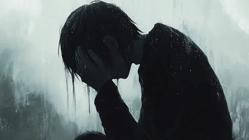 Silhouetted figure with head in hands against muted backdrop.