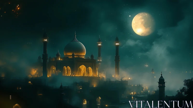 Moonlit golden mosque rising through mystical city fog.