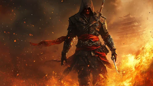Hooded warrior walks through blazing fire with calm resolve