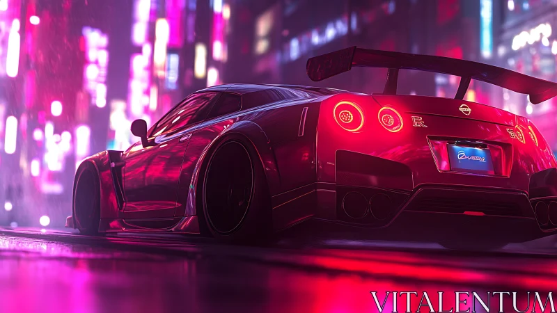 Neon drenched sports car waits ready for a thrilling night run
