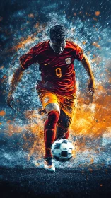 Soccer forward in motion with dynamic fiery effects.