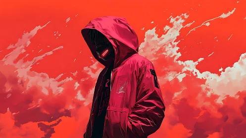Hooded cyberpunk figure in red jacket against abstract sky