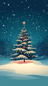 Snowy Christmas tree glows under midnight winter sky.