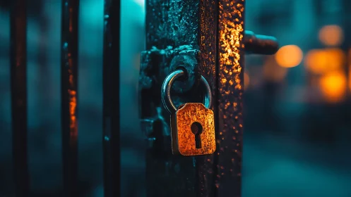 Macro close-up of brass padlock on wet metal gate in bokeh light