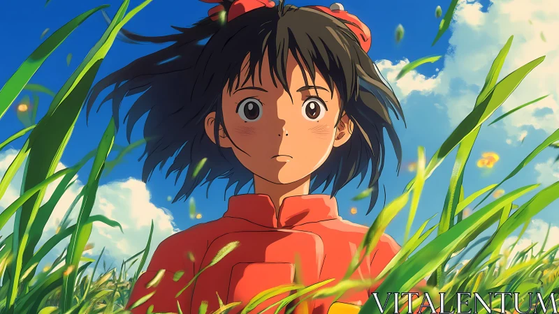 Anime girl in red shirt standing in tall green grass field.