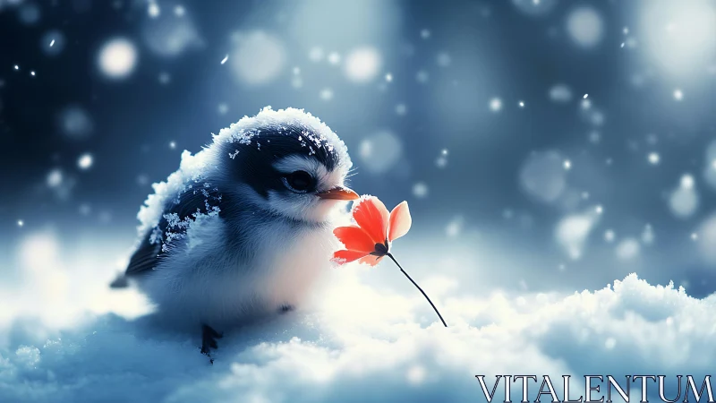 Snow-Covered Songbird Presenting Red Bloom in Winter Landscape.