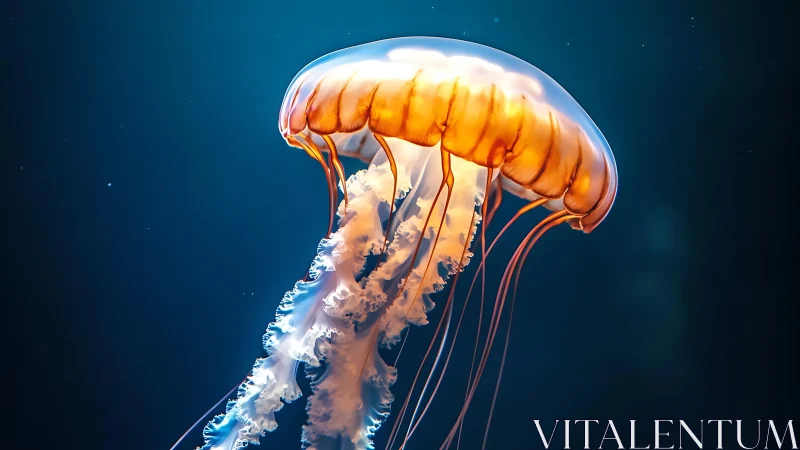 Luminous jellyfish drifts through deep blue ocean waters.