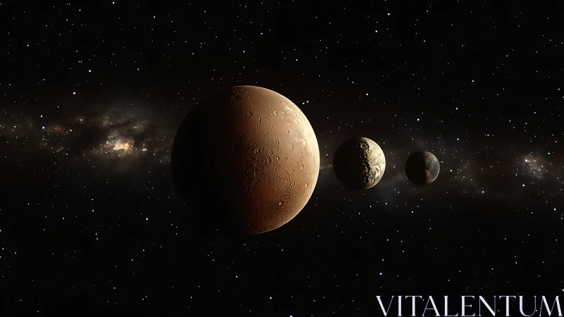 Aligned planetary bodies rotate in front of dense starfield