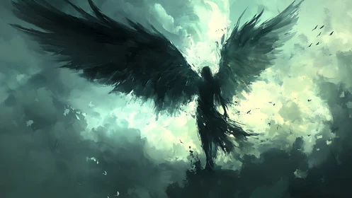 Shadowed angelic silhouette rising through stormlit clouds.