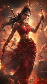 Blazing warrior goddess strides through a storm of sacred fire.