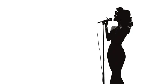 Silhouette of elegant female singer at microphone stand.