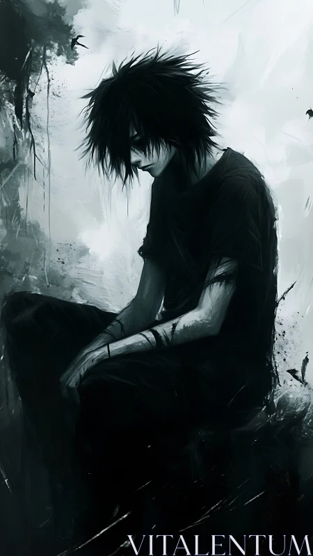 Shadowed dreamer folds into stormy monochrome silence