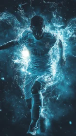 Electric blue footballer emerges in dynamic energy burst