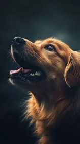 Golden dog head portrait shows side profile in dark light