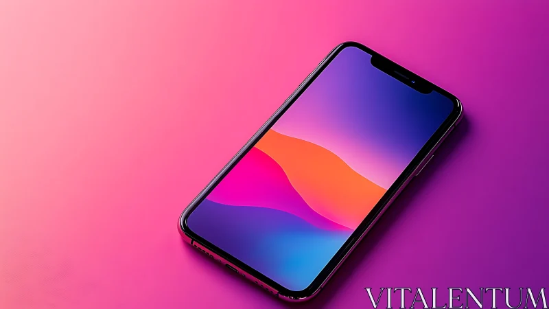 Isometric smartphone displaying vibrant gradient interface against radiant pink-magenta backdrop.
