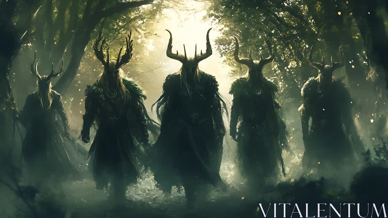Horned forest warlocks advance through misty green light