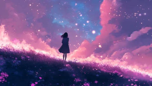 Silhouetted girl under nebula sky in luminous violet field.