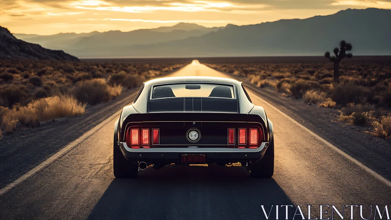 Classic muscle car drives along straight desert highway