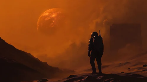 Lone astronaut confronts alien cube beneath burning orange sky.