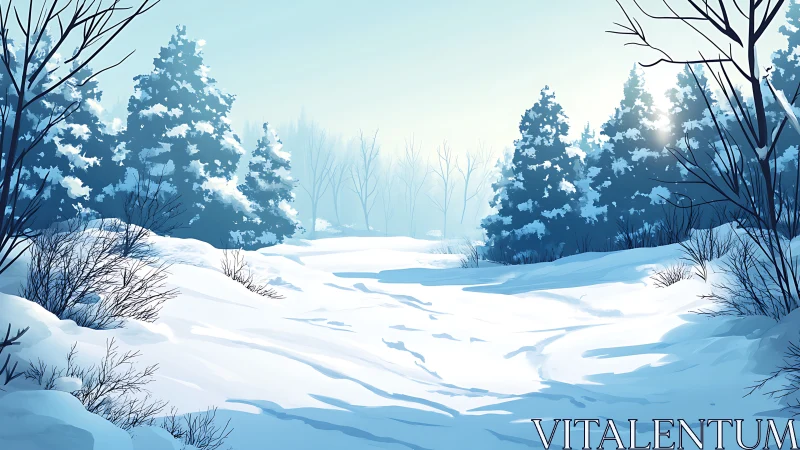 Winter Forest Landscape. Snow-Covered Valley Among Evergreen Trees.