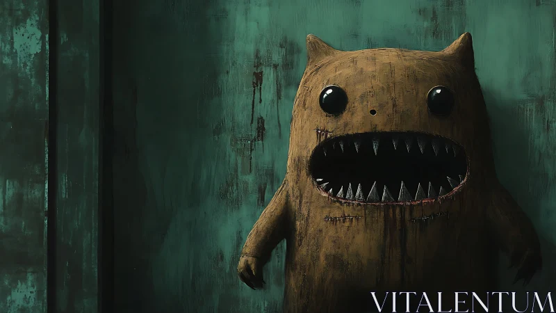 Ragged monster doll with gaping teeth in grungy teal room.