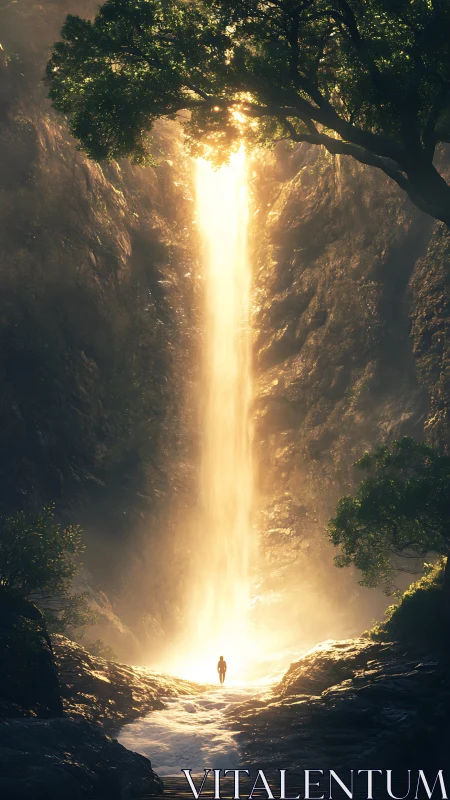 Solitary wanderer beneath a golden celestial waterfall.