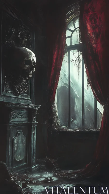 Gothic necrotic chamber with skull relief and decayed window.