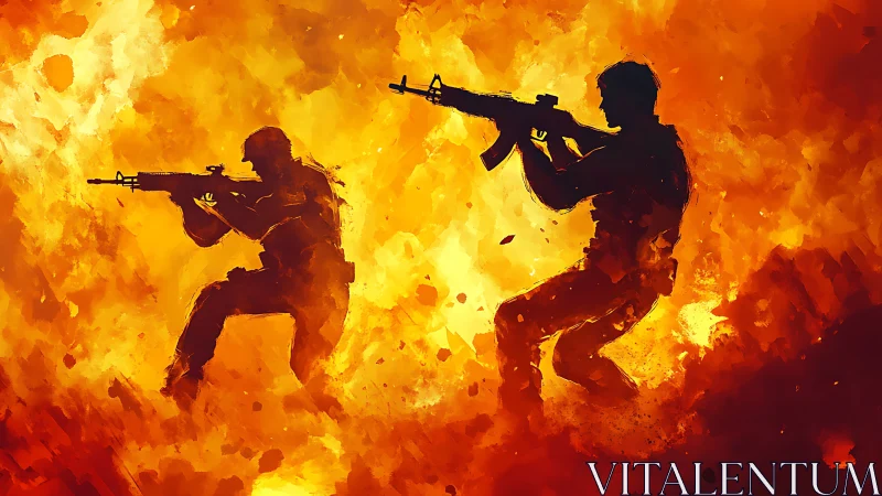 Two silhouetted figures with rifles positioned against intense orange flame background