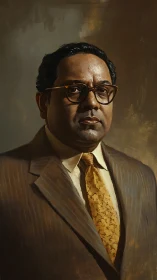 Formal portrait of bespectacled man in brown striped suit
