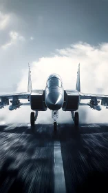 Front view of twin‑engine jet fighter on wet runway.