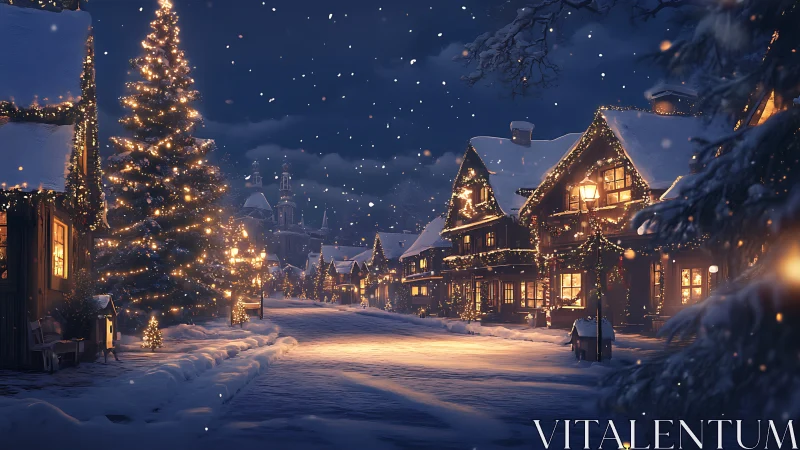 Nocturnal winter village street with illuminated festive façades.