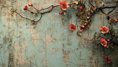 Rust-red roses climbing across weathered teal plaster wall.