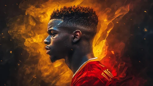 Profile of soccer player amid orange and yellow flames background.