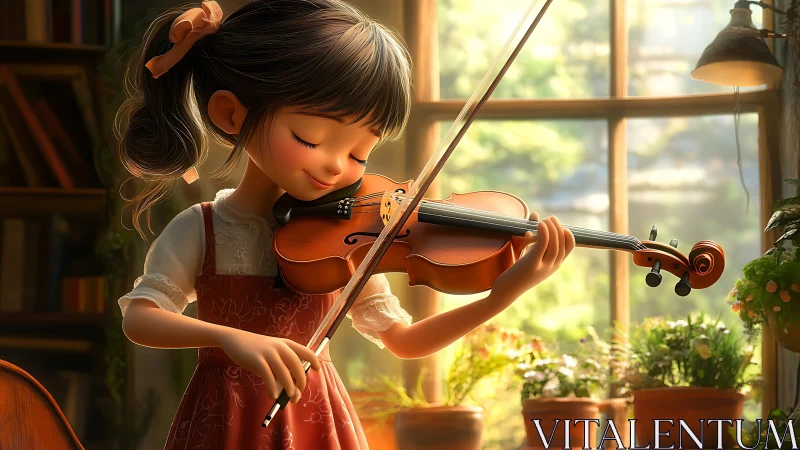 Sunlit procedural render of child violinist amid potted flora.