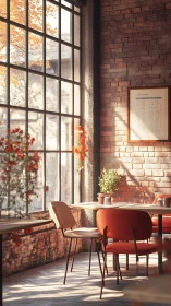 Sunlit brick cafe corner with window seating and plants.