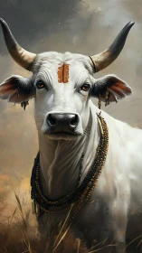 Sacred white bull under stormlit sky with beaded adornment.