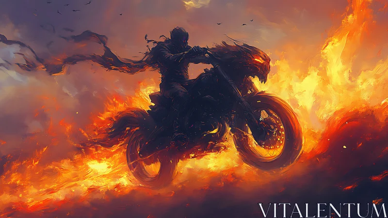 Midnight rider leaping through waves of molten wildfire.
