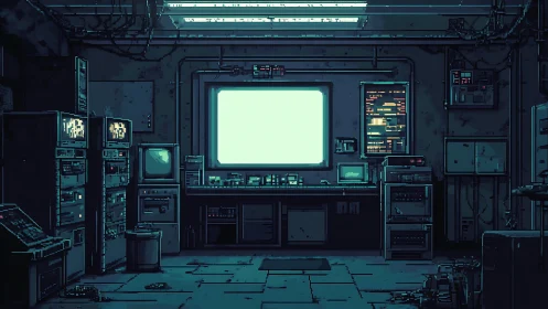 Neon silence hums through an abandoned retro control room