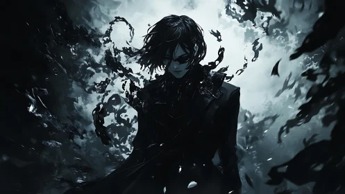 Solitary dark figure with dissolving abstract black forms.