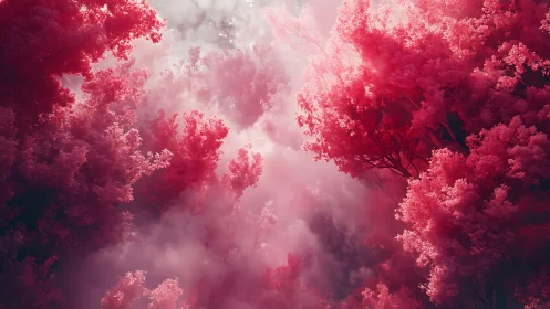 Infrared forest canopy with pink foliage and volumetric light