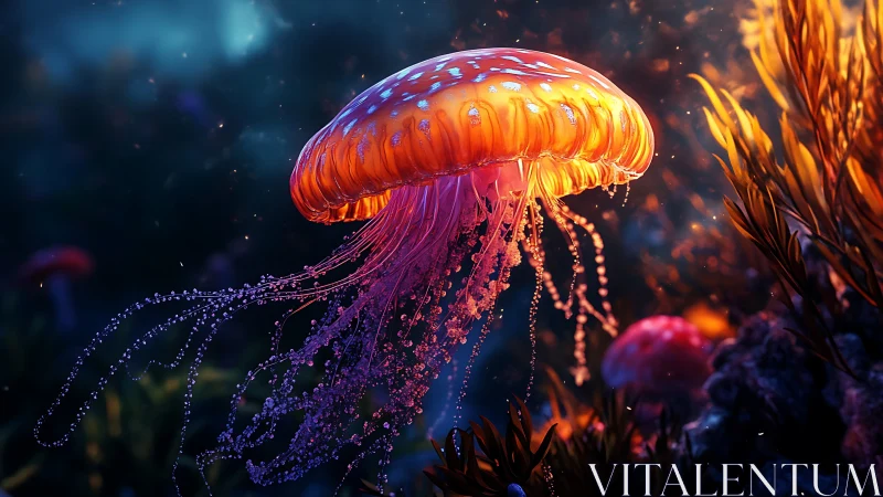 Glowing jellyfish drifts gently through a colorful night sea