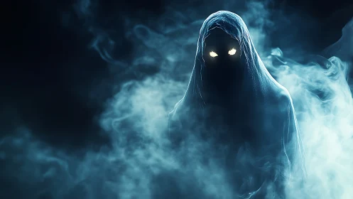 Shrouded wraith with blazing eyes adrift in icy midnight fog.