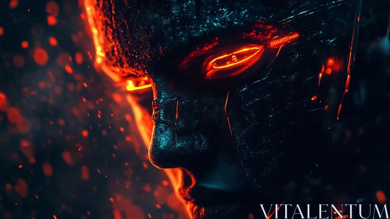 Cybernetic face burns with neon fire in a dark future void