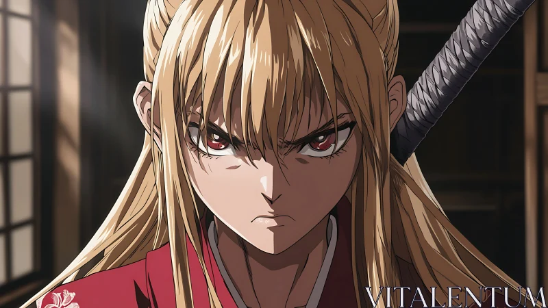 Intense blonde swordswoman in red kimono stares ahead.